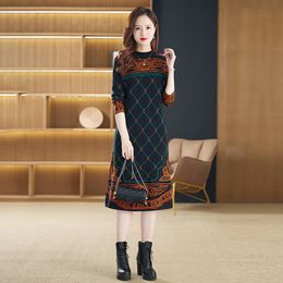 2023 Floral Black Sweaters Dress Women Designer O-Neck Slim Elegant and Youth Knitted Jumper Dresses Long Sleeve Autumn Winter Soft Warm Casual Midi Frocks