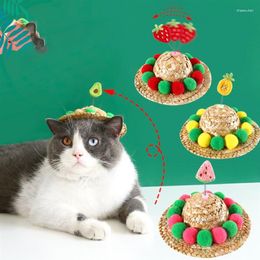 Dog Apparel Fashion Pet Knitted Straw Hat Cute Pompom Cat Summer Adjustable Sun For Costumes Cap