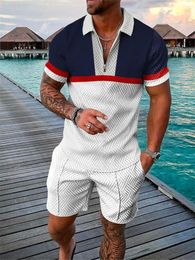 Men's Tracksuits Simple Colour Pattern Print Tracksuit Summer Casual Zipper Collar Polo Shirt And Shorts 2pcs Sets Trend Clothing Streetwear