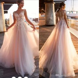 2022 A Line Wedding Dresses Beach Country Lace Appliques Sheer Scoop Neck Tulle Covered Button Tulle Long Bridal Wedding Gowns BA9208T