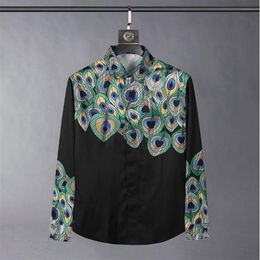 Silk Soft Mens Luxury Peacock Digital Printed Shirts Long Sleeve Dress Fashion Slim Fit Party Male 3XL252j