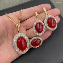 Necklace Earrings Set Natural Red Jade Exquisite Fashion Handmade Rhinestone Women's Wedding Party Jewellery