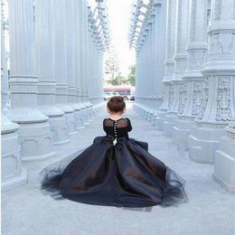 Black Hi Lo Pageant Dresses For Girls Jewel Long Sleeve Flower Girl Dresses For Toddlers Teens Kids Formal Wear Party Communion Dr221L