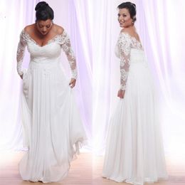 Lange Ärmel Brautkleider in Übergröße mit tiefem V-Ausschnitt und Applikationen, Strand-Landhochzeitskleider, schulterfreie Brautkleider, Vestido249Z