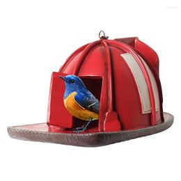 Garden Decorations Firefighter Bird House Vintage-Style Outdoor Decor Red Fireman HelmetsFire Hat Birdhouse Handmade Natural Nest