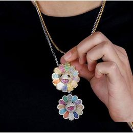 14K Gold Plated Spinning Sun Flower Rainbow Diamond Pendant Necklace With M 24Inch Rope Chain Hiphop Jewelry Drop Delivery