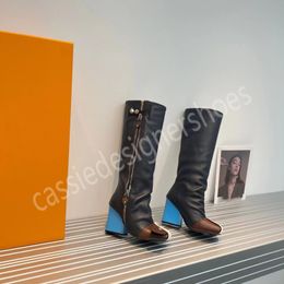 Winter 2022 Hot Women's Fashion Colours Knee High Boots Square Toe Slope with Chelsea Boots Luxury Brand Runway Punk Botas Mujer Western Boots Winter Thick Bottom Shoes