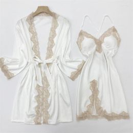 Women's Sleepwear White Bride Bridesmaid Wedding Robe Set Sexy Full Slip Lace Nightgown Summer Silk Satin Kimono Bath Gown Ho282y