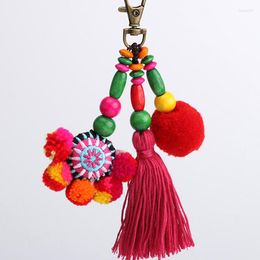 Keychains Bohemian Wood Beads Key Chain Pom Keychain Car Bag Hanging Tassel Pendant Pompom Phone Holder Women Jewelry Accessories