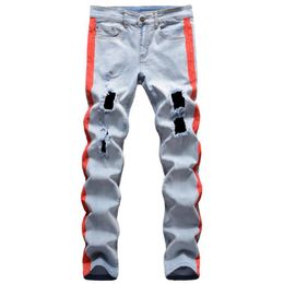 Hip Hop 4 Colour Patchwork Jeans Men 2021 Ripped Holes Slim Fit Jeans Pants Men Blue Red Yellow Designer Straight Blue206U