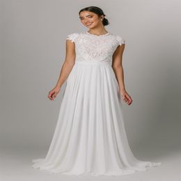 2021 Simple A-line Lace Chiffon Boho Modest Bridal Gowns Wedding Dress Summer Elegant LDS Beach Bride Robes310i