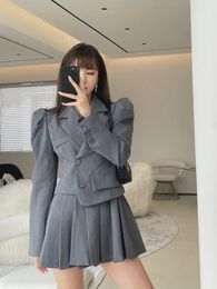 Two Piece Dress Preppy Style Pleated Skirt Suit Women Korean Fashion Bubble Sleeve Grey Mini Sets Female Spring Y2k Peice 230914