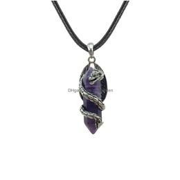 Pendant Necklaces Fantasy Handmade Black Leather Rope Cord Natural Amethyst Tiger Eye Stone Charming Couples Necklace Drop D Dhgarden Dhuik