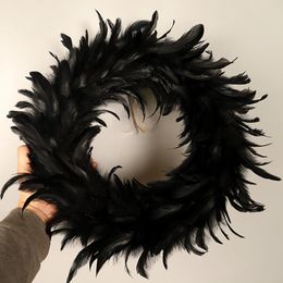Decorative Flowers Wreaths 15-Inch Feather Wreath Black Feathered Front Door Decoration Cocktail Feathers Halloween Artificial Garlands for Holiday 230915