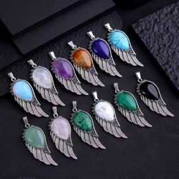 Natural Stone Angel Wing Pendant Waterdrop Amethyst Opal Rose Quartz Obsidian Pendant Animal Charms for Jewelry Making Necklaces