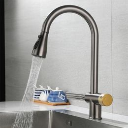 Kitchen Faucets Pull-out Single Holder 360° Rotation Brushed Sink Mixer & Cold Stainless Steel Waterfall Sprayer Water Taps