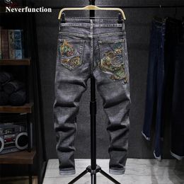 Men streetwear Hip hop Japanese Chinese wind Dragon embroidery Slim fit Straight jeans Trousers man Motorcycle biker Denim pants205p