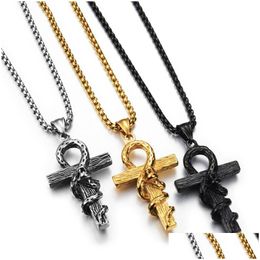 Pendant Necklaces Stainless Steel Relius Egyptian Coiled Snake Ancient Ankh Necklace Pendants Relin Jewellery Cross Agypt Punk Sier Bl Dhick