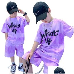 Clothing Sets New Boys T Shirt Two Piece Set Summer Kids Designer Clothes Childrens Short Sleeve Top Five Pants Shorts Letters Printin Dhfvp
