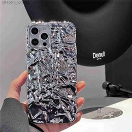 Cell Phone Cases Silver tinfoil patterned iPhone 14 ProMax phone case suitable for 13 simple electroplating silver three-dimensional protective case Q230915