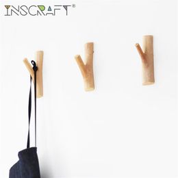 Hooks & Rails 1pc Handcraft Natural Wood Tree Branch Wall Hook Decorative Wooden Coat Mounted Self-Adhesive Sticker Hooks1339E