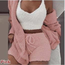 Men's Sleepwear Winter Home Wear Casual 3 Pieces Women Plush Warm Pyjamas Long Sleeve Vest Crop Tops Short Pants And Coat Pij2569