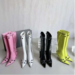 Cagole knee length boots studded buckle decoration side zippered shoes pointed thin high heels luxury designer women's factory all-match