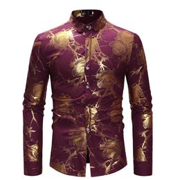 Mens Shirt Gold Rose Shirt Men Floral Print Luxury Slim Long Sleeve Mens Dress Shirts Black Social Business Men Shirt Asian Size303G