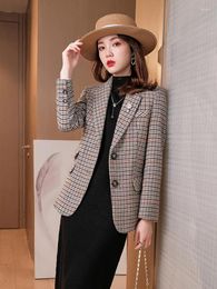Women's Suits Fashion Autumn Women Retro Plaid Blazers Jackets Work Office Lady Slim Single Breasted Business Female Woolen Suit Coat Casual