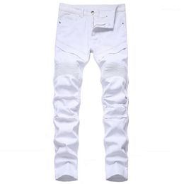 Men's Jeans White Pleated Men Patchwork Moto & Biker Style Casual Solid Color Full Length Fashion Straight Denim Trousers1251B