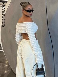 Women s T Shirt BOOFEENAA Bubble Texture White Off The Shoulder Long Sleeve Crop Top Street Style Fall Fashion Women Sexy T Shirts C82 BD15 230915