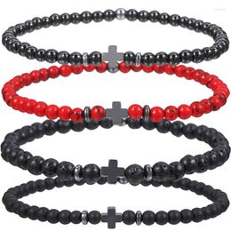 Strand Charm Natural Stone Bracelet Black Cross Matte Handmade Men Women Prayer Fitness Chain Couple Jewellery Gifts
