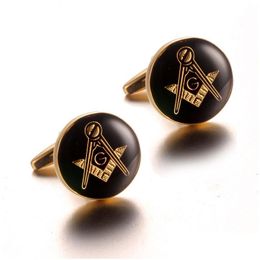 Cuff Links Round Shape High Polished Shining Brass Mens Sier Gold Shirt Masonic Mason Cufflink With Black Enamel Drop Delivery Jewellery Dhmcw