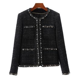 2023 Black Contrast Color Jacket Long Sleeve Round Neck Tweed Buttons Single-Breasted Jackets Coat Short Outwear D3S158136