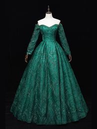 Dark Green Prom Dresses Elegant off the Shoulder Long Sleeves Beaded along the Neckline Ball Gown Evening Dresses