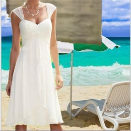 2017 Cap Sleeves Sweetheart Beach Wedding Dresses Pleated Empire Waist Knee Length Chiffon Casual Short Bridal Gown Custom Made290z