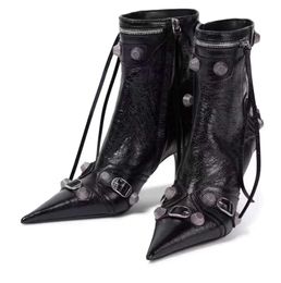 Cagole knee length boots studded buckle decoration side zippered shoes pointed thin high heels luxury designer women's factory luxury and high sense