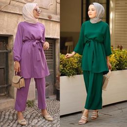 Ethnic Clothing Arab Turkey Muslim Sets Fashion Long Tops And Casual Loose Trousers 2pcs Spring Holiday Matching Autumn Pant