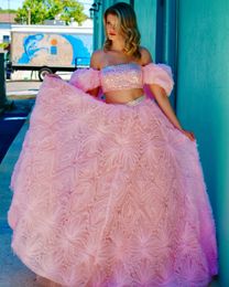 2-Piece Ballgown Formal Event Dress 2024 Puff Sleeved Beaded Crop Top Tulle Skirt Pageant Prom Evening Party Gown for Lady Saudi Arabia Red Carpet Runway Drama Pink