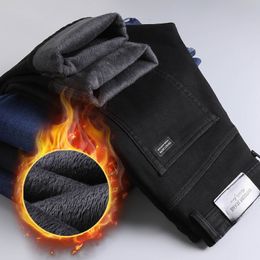 Mens Jeans Men Fashion Winter Black Color Slim Fit Stretch Thick Velvet Pants Warm Denim Casual Fleece Trousers Male 230914