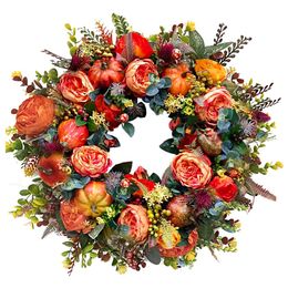 Decorative Flowers Wreaths New 40cm Fall Peony and Pumpkin Wreath for Front Door Home Farmhouse Decor Festival Celebration Thanksgiving 230915