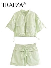 Two Piece Dress TRAFZA Women's Light Green Zipper Short Sleeve Shirt Coats Skirts Set Drawstring Style Multiple Pocket Suit Commuting 230914