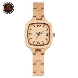 Pure Maple Wood Women's Watch Fashion Square Dial Elegant Wooden Bangle For Lady Hidden Clasp Reloj Femenino Wristwatches260G