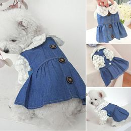 Dog Apparel Pet Dress Soft Texture Comfortable Doll Collar Heart Pattern Lace Cat Denim Daily Wear