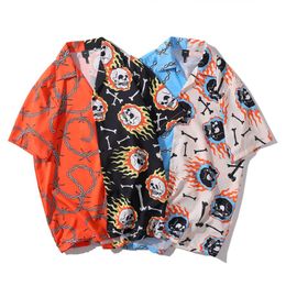 Mens Hip Hop Shirts Streetwea Hawaiian Fire Skull Chain Harajuku Beach Shirt Summer Tops Short Sleeve2376