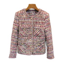 2023 Summer Multicolor Contrast Colour Jacket Long Sleeve Round Neck Tweed Buttons Single-Breasted Jackets Coat Short Outwear D3S158155