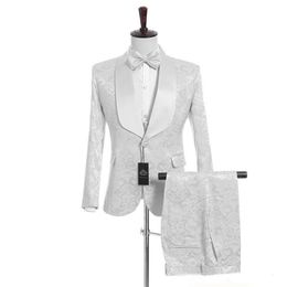 Customise Shawl Lapel Handsome White Groom Tuxedos Jacket Pants Vest Groomsmen Man Suit Mens Wedding Suits Bridegroom292l