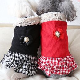 Dog Apparel Dress Grid Bow Pet Clothes Winter Warm Cotton Shirt Hoodies Coats Clothing For Dogs Cat Yorkie Teddy