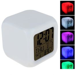 Night Lights Cube Colorf Glowing 7 Led Colours Changing Digital Alarm Clock With Time Date Week Temperature Display Drop Delivery Light Dhsxi