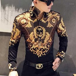 Paisley Black Gold Men Shirt Luxury Korean Mens Long Sleeve Print Shirts Men Slim Fit Casual Blouse Homme Baroque Banquet Shirt1284p